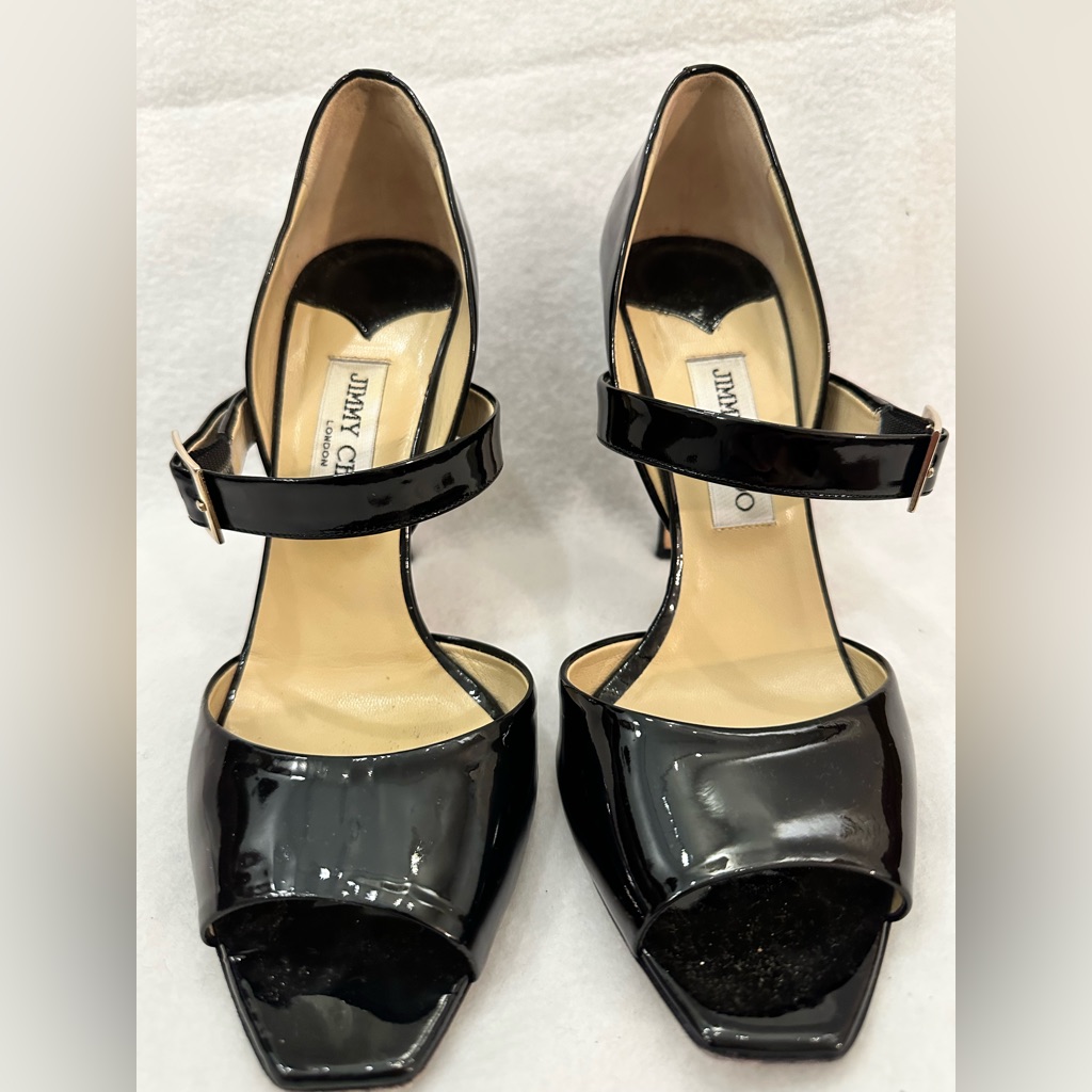Jimmy Choo Black Patent Leather Open Toe Lumiere D'orsay Pumps Women's Eur 39.5